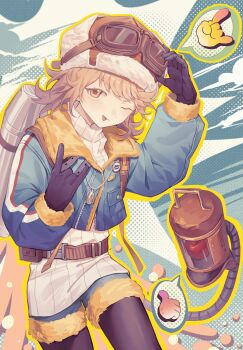 Rule 34 | 1girl, ;d, \n/, adjusting goggles, apple, apple (reverse:1999), belt, black gloves, black pantyhose, black shorts, blue background, blue jacket, brown belt, brown hair, chinese commentary, commentary request, cowboy shot, food, fruit, fur-trimmed shorts, fur trim, gloves, goggles, goggles on headwear, halftone, halftone background, hands up, hat, highres, jacket, jetpack, looking at viewer, mingzhaichuan, official alternate costume, one eye closed, open mouth, orange eyes, orange hat, pantyhose, regulus (reverse:1999), regulus (take off! to the future) (reverse:1999), reverse:1999, rope ladder, short hair, shorts, smile, solo, speech bubble, spoken hand, sweater, white sweater