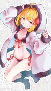 Rule 34 | 1girl, ahoge, alternate costume, bikini, black bikini, black boots, blonde hair, blush, boots, breasts, coat, collarbone, commentary request, full body, fur-trimmed boots, fur-trimmed hood, fur trim, grin, hair ribbon, highres, hood, hood up, hooded coat, looking at viewer, medium hair, navel, open clothes, open coat, red eyes, red ribbon, ribbon, rumia, sakuyabm, side-tie bikini bottom, small breasts, smile, solo, swimsuit, touhou, watermark, white coat
