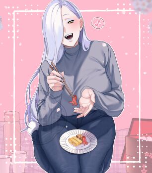 1girl absurdres blue_lips blue_pants blush breasts chopsticks denim eyeliner fate/grand_order fate_(series) food grey_sweater hair_over_one_eye highres hiyayaako jeans large_breasts long_hair long_sleeves looking_at_viewer makeup mrs._snake_(fate) open_mouth pants plate smile solo sweater white_hair yellow_eyes