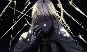 Rule 34 | 1girl, armor, armor under clothes, black background, blonde hair, blue eyes, cloak, commentary, elden ring, elden ring: shadow of the erdtree, gauntlets, golden cross (elden ring), hair over one eye, highres, knight, looking at viewer, medium hair, needle knight leda, ornate, ornate armor, parted lips, sakku art, solo, white cloak