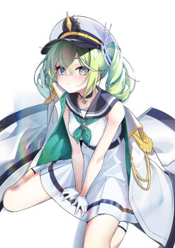 1girl aiguillette between_legs black_choker black_sailor_collar choker closed_mouth coat commentary_request double-parted_bangs dress from_above gloves green_hair green_neckerchief grey_eyes hair_between_eyes hand_between_legs hat highres korean_commentary light_blush long_bangs looking_at_viewer looking_up m_cream01 medium_hair neckerchief sailor_collar sailor_dress sailor_hat simple_background sitting sleeveless sleeveless_dress solo spread_legs stellive twintails unworn_coat variant_set virtual_youtuber wariza white_background white_coat white_dress white_gloves white_hat yuzuha_riko
