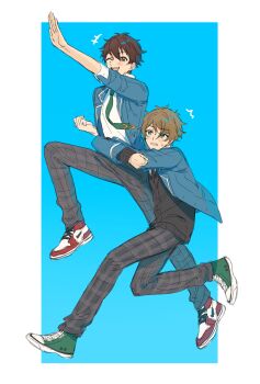 Rule 34 | +++, 2boys, absurdres, blazer, blue eyes, blue jacket, brown eyes, brown hair, cardigan, chinese commentary, clenched hand, clenched teeth, commentary request, ensemble stars!, fua1heyvot4ifsr, green necktie, highres, jacket, lapels, layered clothes, long sleeves, looking at another, looking at viewer, male focus, mixed-language commentary, morisawa chiaki, multiple boys, necktie, nervous sweating, notched lapels, open clothes, open hand, open jacket, open mouth, pants, partial commentary, plaid clothes, plaid pants, red necktie, school uniform, shirt, shoelaces, short hair, smile, sweat, takamine midori, teeth, three-quarter sleeves, upper teeth only, white shirt, yumenosaki school uniform