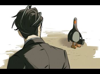 2boys animal bird black_hair black_jacket briefcase crossover expressionless feathers_mcgraw grey_hair holding holding_briefcase holding_mallet jacket larry_(pokemon) looking_at_another mallet multicolored_hair multiple_boys nintendo penguin pokemon pokemon_sv short_hair ssibalmas standing trait_connection two-tone_hair wallace_&amp;_gromit