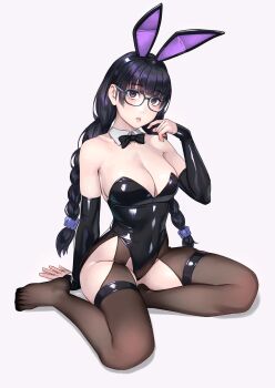 1girl animal_ears bare_shoulders black_bow black_bowtie black_hair black_leotard blush bow bowtie braid breasts commentary detached_collar detached_sleeves fake_animal_ears full_body highres large_breasts latex latex_leotard latex_thighhighs leotard long_hair original pantyhose_cutout playboy_bunny rabbit_ears simple_background sitting solo strapless strapless_leotard thigh_strap thighhighs very_long_hair yuuji_(and)