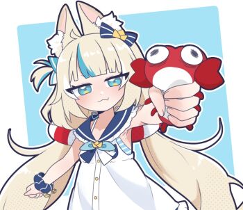 1girl :3 ahoge animal animal_ear_fluff animal_ears blonde_hair blue_background blue_eyes blue_hair blue_neckerchief blue_sailor_collar bow buttons cat_ears collar commentary crab dress english_commentary fang hair_bow highres holding holding_animal indie_virtual_youtuber kaniki_(sameko_saba) korafuwa lifebuoy_hair_ornament light_smile long_hair looking_at_viewer low_twintails multicolored_hair neckerchief one_side_up outline outstretched_arm paper_boat sailor_collar sameko_saba scared scrunchie skin_fang sleeveless square squeezing streaked_hair twintails upper_body very_long_hair virtual_youtuber white_background white_dress white_outline wrist_scrunchie