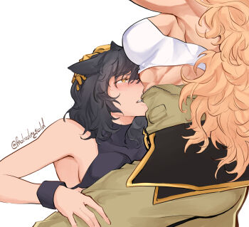 2girls bare_arms black_hair blake_belladonna blonde_hair blush bra breast_press commentary english_commentary frolicdragold green_pants hand_on_another&#039;s_head hand_on_another&#039;s_thigh highres long_hair looking_at_another mechanical_hands medium_hair multiple_girls muscular muscular_female pants rwby simple_background single_mechanical_hand twitter_username underwear white_background white_bra yang_xiao_long yellow_eyes yuri