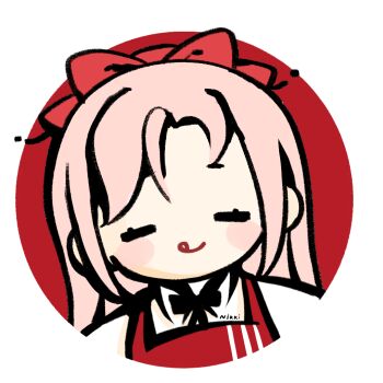 1girl =_= apple baonu_de_zhanshen_caibutou black_bow black_bowtie blush_stickers border bow bowtie character_name closed_mouth collared_shirt colonel_sanders colonel_sanders_(cosplay) cosplay eyelashes flat_color food fruit hair_bow happy infinity_nikki kfc licking_lips long_hair nikki_(nikki) nikki_(series) parody pink_hair red_background red_bow round_border shirt sidelocks smile solo straight_hair tongue tongue_out upper_body white_border white_shirt