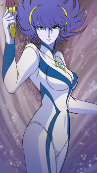 1girl absurdres aiming_up blue_eyes blue_skin bodysuit breasts closed_mouth colored_skin commentary_request cowboy_shot finger_on_trigger gun hair_between_eyes hand_up handgun highres holding holding_gun holding_weapon jewelry kirika_(ufo_robo_grendizer) looking_at_viewer masaaki_endo mazinger_(series) medium_breasts necklace pointy_ears purple_hair short_hair solo spiked_hair standing ufo_robo_grendizer weapon white_bodysuit