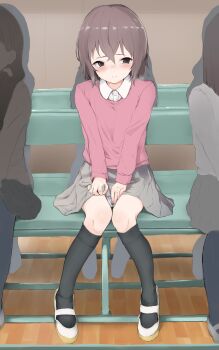 3girls :| bench black_socks blush boku_dake_ga_inai_machi brown_eyes brown_hair brown_skirt buttons closed_mouth collared_shirt crying dot_nose embarrassed female_masturbation female_pervert hair_between_eyes highres hinazuki_kayo indoors kneehighs knees knees_together_feet_apart loli long_sleeves masturbation multiple_girls nose_blush panties pervert pink_sweater pleated_skirt public_indecency ripu_(lipi) shirt shoes short_hair sitting skirt socks solo_focus stealth_masturbation sweater underwear uwabaki wet wet_clothes wet_panties white_panties white_shirt white_shoes wooden_floor