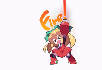 &gt;_&lt; 1girl aiming_up arm_cannon arm_up blonde_hair boots chibi dress english_text full_body green_ribbon high_ponytail kaidou_zx laser mega_man_(series) open_mouth ponytail red_boots red_dress ribbon roll_(mega_man) solo weapon white_background