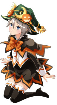 Rule 34 | 1girl, :o, ange (princess principal), black boots, blue eyes, blush, boots, bow, bowtie, brown capelet, brown skirt, capelet, female focus, food-themed hair ornament, full body, green hat, hair between eyes, hair ornament, halloween, halloween costume, hat, highres, kneeling, long sleeves, miniskirt, orange bow, orange bowtie, princess principal, pumpkin hair ornament, short hair, silver hair, simple background, skirt, solo, taniguchi gou, thigh boots, thighhighs, white background, witch hat, zettai ryouiki