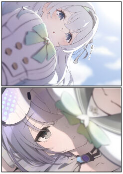 2girls blush bow breasts buttons closed_mouth collarbone eyewear_on_head firefly_(honkai:_star_rail) firefly_(spring_missive)_(honkai:_star_rail) frieren_lap_pillow_(meme) green_bow grey_eyes grey_hair hair_between_eyes hair_ornament highres honkai:_star_rail honkai_(series) lap_pillow large_breasts looking_at_another looking_down lying mashiro_(user_65392488) meme multiple_girls official_alternate_costume on_back open_mouth pink_eyes school_uniform silver_wolf_(honkai:_star_rail)