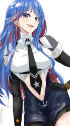 Rule 34 | 1girl, :3, anchor ornament, black gloves, black jacket, black necktie, blue hair, breasts, chamumi (mochiumee), collared shirt, dress shirt, elbow gloves, fang, gloves, grey eyes, jacket, kantai collection, large breasts, long hair, multicolored hair, necktie, one-hour drawing challenge, pencil skirt, red hair, shirt, simple background, single leg pantyhose, skin fang, skirt, smile, solo, south dakota (kancolle), star (symbol), white background, white hair, white shirt