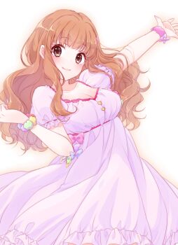 1girl :3 absurdres arm_up blue_bow blue_scrunchie blunt_bangs bow breasts brown_eyes brown_hair cleavage closed_mouth commentary_request curled_fingers dress dress_bow dress_ribbon eyelashes green_bow green_scrunchie hair_bow hair_ornament hairpin hand_up highres idolmaster idolmaster_cinderella_girls large_breasts long_hair looking_at_viewer moroboshi_kirari multicolored_scrunchie orange_scrunchie outer_glow outstretched_arm outstretched_hand puffy_short_sleeves puffy_sleeves purple_bow purple_dress purple_scrunchie red_ribbon ribbon scrunchie shiguri short_sleeves sidelocks simple_background sleeve_ribbon smile solo sparkling_eyes star_(symbol) star_in_eye symbol_in_eye underbust wavy_hair white_background wrist_scrunchie yellow_bow yellow_scrunchie