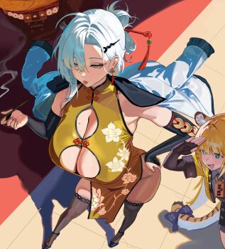 Rule 34 | 2girls, alternate costume, animal ear fluff, animal ears, breasts, bridal gauntlets, china dress, chinese clothes, cleavage, cleavage cutout, clothing cutout, commentary, detached sleeves, dress, fingerless gloves, from above, gloves, hair ornament, hair stick, hand on own hip, high heels, highres, hintobento, huge breasts, jacket, jacket on shoulders, ju fufu, mole, mole on breast, multiple girls, open mouth, salute, skindentation, striped fur, tail, thighhighs, tiger ears, tiger girl, tiger tail, tile floor, tiles, white hair, yellow eyes, yellow jacket, yin yang pin, yixuan (zenless zone zero), zenless zone zero