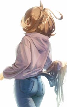 1girl agnes_tachyon_(umamusume) ahoge animal_ears ass brown_hair commentary_request cowboy_shot denim from_behind grey_jacket grey_pants hair_between_eyes highres holding_own_tail hood hood_down hooded_jacket horse_ears horse_girl horse_tail huge_ahoge jacket jeans long_hair_between_eyes looking_at_viewer medium_hair o_ko_ge2024 open_mouth pants red_eyes sideways_glance simple_background smile solo tail umamusume white_background