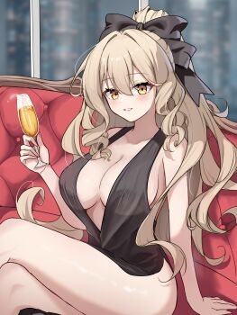 Rule 34 | 1girl, absurdres, alcohol, benghuai xueyuan, black bow, black bowtie, black dress, blonde hair, bow, bowtie, breasts, champagne, champagne flute, commentary request, couch, crossed legs, cup, dress, drinking glass, evening gown, hair bow, highres, holding, holding cup, honkai (series), laniaitte gordius de eumenes, large breasts, long hair, looking at viewer, on couch, smile, solo, thighs, very long hair, yellow eyes, you yu you yu yu yo yu
