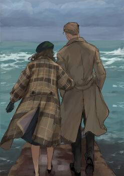 1boy 1girl ambulance00 back beret black_dress black_gloves black_pants black_shoes blonde_hair brown_coat brown_hair captain_america_(series) cloud cloudy_sky coat commentary_request day dress facing_away from_behind full_body gloves green_hat hat hetero highres korean_commentary long_sleeves marvel marvel ocean outdoors pants peggy_carter plaid_clothes plaid_coat shoes short_hair sky standing steve_rogers waves