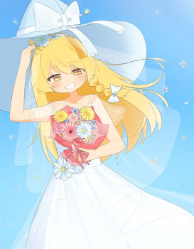 1girl absurdres alternate_costume alternate_headwear blonde_hair blue_flower blue_sky blush bouquet bow braid bridal_veil commentary_request commission day dress edamanecha falling_flower flower flower_request grin hair_bow hairband hat hat_bow highres holding holding_bouquet kirisame_marisa long_hair looking_at_viewer pink_flower see-through_clothes see-through_veil side_braid single_braid skeb_commission sky sleeveless sleeveless_dress smile solo touhou veil wedding_dress white_bow white_dress white_flower white_hairband white_hat witch_hat yellow_eyes yellow_flower
