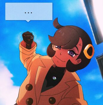 1girl anger_vein black_hair blue_sky cloud dark-skinned_female dark_skin desutroyah emma_(pokemon) gloves incoming_attack incoming_punch jacket looking_at_viewer nintendo pokemon pokemon_legends:_z-a pov punching purple_eyes short_hair sky