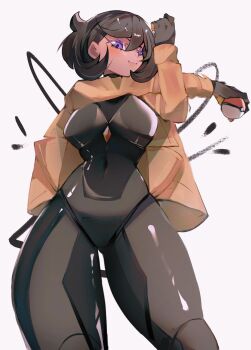 1girl black_bodysuit black_hair blush bodysuit breasts brown_jacket closed_mouth cross-body_stretch dark-skinned_female dark_skin emma_(pokemon) gloves highres holding holding_poke_ball hoshoidk jacket latex latex_bodysuit looking_at_viewer nintendo open_clothes open_jacket orange_gloves poke_ball poke_ball_(basic) pokemon pokemon_legends:_z-a purple_eyes short_hair simple_background smile solo stretching two-tone_gloves