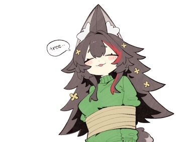 :3 alternate_costume animal_ear_fluff animal_ears black_hair bound breasts closed_mouth cocomayo29_(tomato) commentary_request english_text flower fluffy_hair green_sweater hair_flower hair_ornament hololive human_christmas_tree korean_commentary large_breasts light_blush long_hair long_sleeves multicolored_hair ookami_mio open_mouth own_ears_together red_hair simple_background speech_bubble sweater tail turtleneck turtleneck_sweater virtual_youtuber wolf_ears wolf_girl wolf_tail