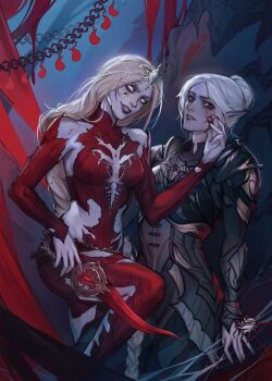 2girls absurdres baldur's_gate baldur's_gate_3 birmit black_lips blonde_hair colored_skin commentary dark_elf dungeons_&amp;_dragons dungeons_&amp;_dragons elf english_commentary forehead_jewel grey_hair hair_bun highres holding holding_weapon lips long_hair looking_at_another minthara multiple_girls no_sclera orin_the_red parted_lips pointy_ears purple_skin red_eyes short_hair single_hair_bun smile weapon