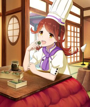 Rule 34 | 1girl, arm on table, black hairband, buttons, chef hat, day, dot nose, double-breasted, eating, elbow on table, food, food request, game cg, hairband, hat, holding, holding food, indoors, jar, kotatsu, long hair, looking at viewer, neckerchief, official art, on floor, open mouth, orange eyes, orange pupils, patissier, purple neckerchief, red hair, saucer, shirt, short sleeves, shouji, sitting, sliding doors, smile, solo, table, tatami, teeth, third-party source, toji no miko, toji no miko: kizamishi issen no tomoshibi, under kotatsu, under table, upper teeth only, uruga nao, white hat, white shirt