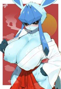 1girl animal_ears black_sclera blue_nipples breasts cigarette colored_nipples colored_sclera commentary_request furry furry_female gen_4_pokemon glaceon groin hakama highres huge_breasts japanese_clothes looking_at_viewer miko mole mole_on_breast mole_under_eye mouth_hold nintendo nipples one_breast_out pokemon pokemon_(creature) red_background red_hakama shourin_bonzu smoking solo white_eyes