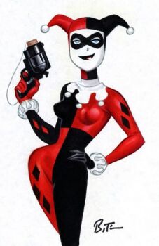 Rule 34 | 1girl, batman: the animated series, batman (series), black bodysuit, black lips, bodysuit, bruce timm, concept art, dc animated universe, dc comics, domino mask, eye mask, full body, gun, hand on own hip, handgun, harley quinn, harley quinn (classic), hat, holding, holding gun, holding weapon, jester cap, jester costume, makeup, mask, multicolored bodysuit, multicolored jumpsuit, non-web source, official art, production art, red bodysuit, simple background, solo, two-tone bodysuit, two-tone hat, weapon, white facepaint