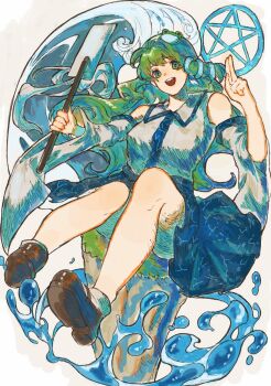 1girl blue_skirt breasts brown_shoes collared_shirt commentary_request detached_sleeves frog_hair_ornament gohei green_eyes green_hair hair_ornament hands_up highres holding holding_gohei kochiya_sanae long_hair long_sleeves medium_breasts oftooon open_mouth partial_commentary pentagram shirt shoes skirt sleeveless sleeveless_shirt smile snake_hair_ornament socks solo teeth touhou upper_teeth_only very_long_hair white_shirt white_socks wide_sleeves