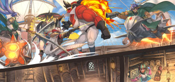 3boys 3girls barrel black_gloves black_hair blue_eyes blue_hair blue_sky breasts cannon cape closed_mouth cloud colored_skin commentary_request cross-section dark-skinned_female dark-skinned_male dark_skin door fingerless_gloves firing gloves goggles green_cape green_eyes grin gun highres holding holding_gun holding_sword holding_weapon horns lantern long_hair looking_at_another looking_at_viewer mast medium_breasts multiple_boys multiple_girls muscular muscular_male nagi_itsuki open_mouth original pixiv_fantasia pixiv_fantasia_age_of_starlight railing red_skin scenery ship_interior sitting sky smile stairs sword teeth tongue tongue_out treasure_chest unworn_goggles very_dark_skin watercraft weapon window yellow_horns