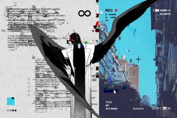 1boy arms_behind_back ben-day_dots benkdjjituibot black_hair black_shirt black_wings censored coat cowboy_shot demon_horns distortion fake_photograph feathered_wings glitch glitch_censor highres horns infinity_symbol kim_dokja male_focus omniscient_reader's_viewpoint partially_shaded_face programming recording screentones shirt short_hair solo split_screen white_coat wings