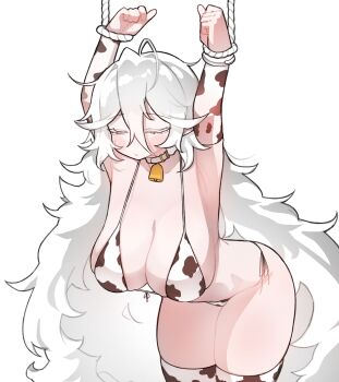 1girl :/ ahoge animal_print armpits arms_up bell belt belt_collar bent_over bikini blush blush_stickers bound bound_wrists breasts bursting_breasts cleavage closed_eyes collar colored_eyelashes cow_print cow_print_bikini cow_print_sleeves cow_print_thighhighs cowbell cowboy_shot detached_sleeves double-parted_bangs fluffy_hair hair_between_eyes highleg highleg_bikini highres huge_breasts kim_aendeo long_hair loose_hair_strand loosely_tucked_bangs micro_bikini neck_bell original print_bikini print_thighhighs side-tie_bikini_bottom sideboob sidelocks skindentation solo standing stomach sweat swimsuit thick_thighs thighhighs thighs unkempt upper_body very_long_hair white_background white_belt white_hair wide_hips
