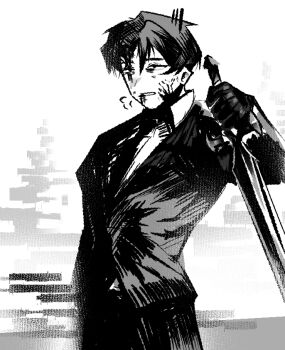 Rule 34 | 1boy, blood, blood on face, cowboy shot, formal clothes, greyscale, holding, holding sword, holding weapon, library of ruina, looperioo, male focus, monochrome, necktie, open mouth, pants, project moon, roland (project moon), sketch, solo, suit, sword, weapon