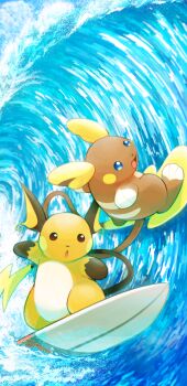 alolan_form alolan_raichu blue_eyes brown_eyes commentary_request full_body gen_1_pokemon gen_7_pokemon kumedaira nintendo no_humans open_mouth outdoors outstretched_arms pokemon pokemon_(creature) raichu regional_and_normal spread_arms surfboard surfing water waves