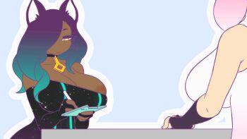 +_+ 2girls animal_ears animated animated_gif areola_slip artist_collaboration bellmouse black_dress black_gloves black_hair blinking bouncing_breasts breast_awe breast_rest breasts breasts_out bridal_gauntlets cat_ears cellphone choker cleavage collarbone dark-skinned_female dark_nipples dark_skin dress elbow_gloves flirting glomp gloves grabbing_own_breast gradient_hair green_hair hair_over_one_eye hug huge_breasts huge_nipples imminent_penetration l&#039;apre_(mike_inel) large_areolae looking_at_breasts mike_inel multicolored_hair multiple_girls nipple_hardening nipple_stimulation nipple_tweak nipples no_bra one_breast_out original partially_fingerless_gloves phone pink_hair ramina_(mike_inel) smartphone sparkle strapless strapless_dress stylus thighhighs white_legwear writing yellow_eyes yuri zipper_pull_tab