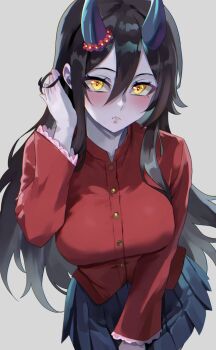 1girl black_hair black_skirt blush breasts colored_skin commission cowboy_shot eyelashes grey_background grey_skin highres horns lainart large_breasts miniskirt original pleated_skirt red_shirt shirt simple_background skirt solo yellow_eyes