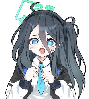 1girl :d @_@ ahoge aris_(blue_archive) black_hair black_hairband black_jacket blue_archive blue_eyes blue_halo blue_jacket blue_necktie blush clenched_hand collared_shirt commentary hair_between_eyes hairband halo hands_up highres jacket leo1127000 long_bangs long_hair long_hair_between_eyes looking_at_viewer multicolored_jacket necktie one_side_up open_clothes open_jacket open_mouth portrait rectangular_halo school_uniform shirt sidelocks simple_background smile solo sweatdrop upper_body white_background white_jacket white_shirt