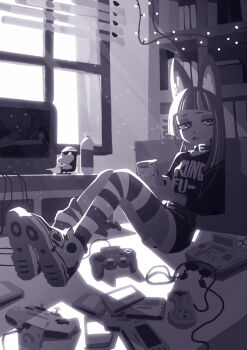 1girl animal_ear_fluff animal_ears black_shirt book bottle collar controller crt cup eyeshadow figure game_cartridge game_console game_controller greyscale hanabushi handheld_game_console highres holding holding_handheld_game_console kung-fu-piggy light_particles looking_to_the_side makeup medium_hair monochrome nintendo_64 nintendo_64_controller open_mouth print_shirt sammy_(kung-fu-piggy) shirt shorts socks striped_clothes striped_socks super_famicom super_famicom_gamepad super_nintendo television window