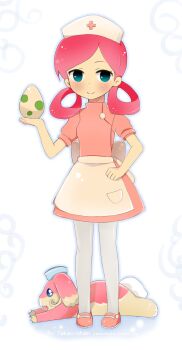 1girl audino egg full_body gen_5_pokemon hat highres holding joy_(pokemon) lying nintendo nurse nurse_cap on_stomach pantyhose pokemon pokemon_(creature) signature standing takai_seika uniform watermark web_address