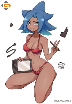 1girl bikini blue_eyes blue_hair breasts cleavage collarbone commentary dark-skinned_female dark_skin english_commentary fang fang_out full_body highres holding holding_pen looking_at_viewer medium_breasts oninuer original pen red_bikini short_hair simple_background sitting smile solo stylus swimsuit tablet_pc v white_background