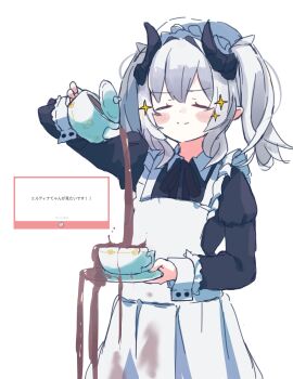 >:) 1girl :< absurdres alternate_costume animal_ears animal_hat apron arm_up artist_name bag bag_charm beanie beret black_bag black_dress black_necktie black_ribbon black_shirt black_skirt blue_eyes blush blush_stickers brown_hair brown_shirt brown_sweater_vest cat_hat charm_(object) closed_eyes closed_mouth collared_dress collared_shirt cowboy_shot cup curled_horns demon_girl demon_horns disposable_cup doyagao dress drink drinking_straw english_text enmaided expressionless facing_viewer failure fish fish_(food) fish_hair_ornament food frilled_apron frills frown green_shirt green_sweater green_vest grey_hair hair_between_eyes hair_bun hair_intakes hair_ornament hair_ribbon hairclip hand_up handbag hat highres holding holding_cup holding_plate holding_saucer holding_strap holding_teapot holding_tray horns juliet_sleeves long_hair long_sleeves looking_at_viewer maid maid_apron maid_headdress milltina_(vrchat) miniskirt mob_cap neck_ribbon necktie nono_datenshia one_side_up plate pleated_skirt pouring pouring_onto_self puffy_long_sleeves puffy_sleeves raccoon_ears raccoon_girl raccoon_tail ribbon sample_watermark saucer school_uniform shirt shoulder_bag sidelocks simple_background single_side_bun sketch skirt sleeves_past_wrists smile smug solo sparkle spilling stained_clothes standing sweater sweater_vest tail tea teacup teapot tray twintails u_u upper_body v-shaped_eyebrows very_long_hair vest vrchat watermark wavy_hair white_apron white_background white_hair white_shirt wrist_cuffs yellow_sweater you're_doing_it_wrong