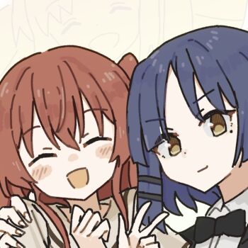 3girls black_bow black_bowtie black_suit blue_hair blush bocchi_the_rock! bow bowtie brown_shirt butler carrying carrying_person closed_eyes coattails colored_skin crossdressing crossdressing_(ftm) female_butler formal_clothes frilled_sleeves frills ijichi_nijika kita_ikuyo long_hair long_sleeves multicolored_skin multiple_girls muscular one_side_up open_mouth pant_suit pants pleated_skirt red_eyes red_hair school_uniform shirt short_sleeves skirt smile suit tailcoat transparent tuxedo tuxedo_shirt v white_background yamada_ryo yellow_eyes you_sakura_ys