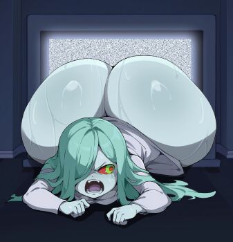 1girl ai-assisted angry ass bottomless colored_sclera colored_skin cyberpunk_(series) cyberpunk:_edgerunners green_eyes green_hair hair_over_one_eye highres huge_ass inconvenient_ass long_hair long_sleeves looking_back monkechrome open_mouth pale_skin rebecca_(cyberpunk) red_sclera shiny_skin solo stuck sweat television the_ring wet white_skin yamamura_sadako