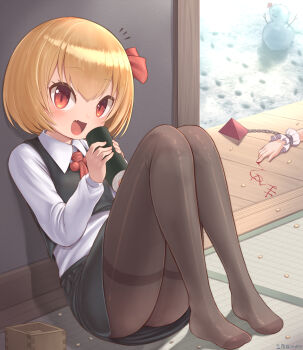2girls :d black_skirt black_vest blonde_hair blush collared_shirt commentary_request dying_message ehoumaki fang finger_writing food full_body grey_pantyhose harunoha highres ibuki_suika indoors long_sleeves looking_at_viewer makizushi masu multiple_girls no_shoes notice_lines open_mouth pantyhose pyramid_(geometry) rumia setsubun shirt short_hair sitting skin_fang skirt smile snow snowman solo_focus soybean sushi tatami touhou vest white_shirt wrist_cuffs