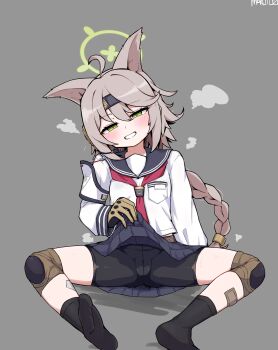 1girl absurdres ahoge animal_ears bandaid bandaid_on_leg bike_shorts black_sailor_collar black_shorts black_socks blue_archive blue_skirt braid brown_gloves cameltoe clothes_lift fox_ears fox_girl gloves green_eyes grey_background grey_hair hair_between_eyes halo head_tilt headset highres knee_pads loli long_hair long_sleeves looking_at_viewer mk_(mako114514) neckerchief otogi_(blue_archive) red_neckerchief sailor_collar shirt shorts simple_background sitting skirt skirt_lift smile socks solo spread_legs steam swept_bangs toes very_long_hair white_shirt
