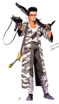 Rule 34 | 1990s (style), 1boy, absurdres, artist name, camouflage, character name, coat, glasses, gun, h&amp;k mp5, heckler &amp; koch, highres, holding, holding gun, holding weapon, kazuma kaneko, male focus, marker (medium), official art, pump action, retro artstyle, scan, shin megami tensei, shin megami tensei i, shotgun, signature, solo, spas-12, submachine gun, sword, takeshi (megami tensei), third-party source, traditional media, trench coat, weapon, white background