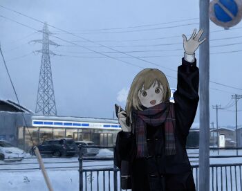 1_kozin 1girl akebonobashi_(artist) arm_up artist_collaboration black_coat breath brown_eyes brown_hair building car cellphone coat commentary_request convenience_store grey_sky holding holding_phone lawson motor_vehicle original outdoors phone power_lines scarf shop sky smartphone snow solo tareme toggles transmission_tower waving winter winter_clothes