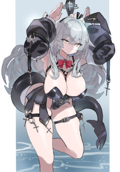 arms_up bent_over black_leotard black_sleeves bow breasts bright_pupils cetacean_tail chest_bow commentary_request detached_collar detached_sleeves fins fish_tail grey_hair highres huge_breasts leotard long_hair long_sidelocks multiple_thigh_straps naz_(736) playboy_bunny puffy_sleeves red_bow rurune_(vrchat) shark_girl sidelocks standing standing_on_one_leg tail thigh_strap tsurime very_long_hair vrchat water white_pupils white_wrist_cuffs wrist_cuffs yellow_eyes